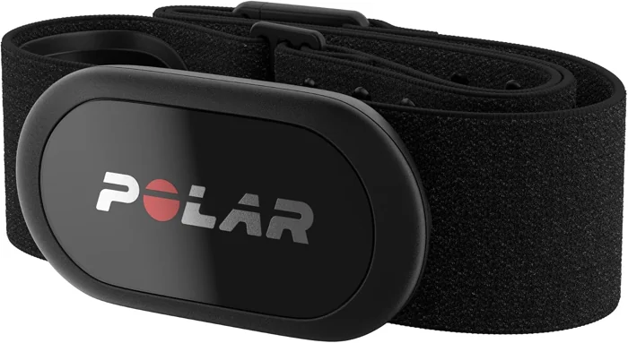 Polar H10 heart rate sensor on its black chest strap